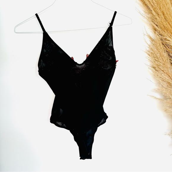 LF SEEK LABEL Black Mesh Pink Red Floral Embroidery Sheer Bodysuit Tank Top S - Picture 4 of 7